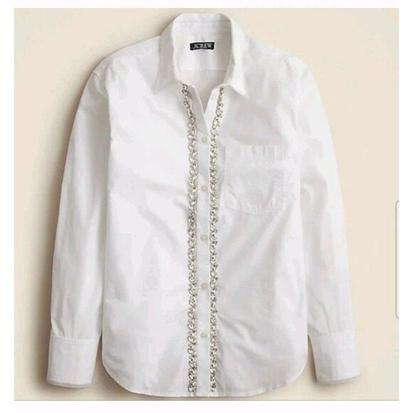 J.Crew Embellished Garcon Shirt Tulle Collar Cotton Poplin SMALL FLAW Size 4 NWT - Picture 1 of 12